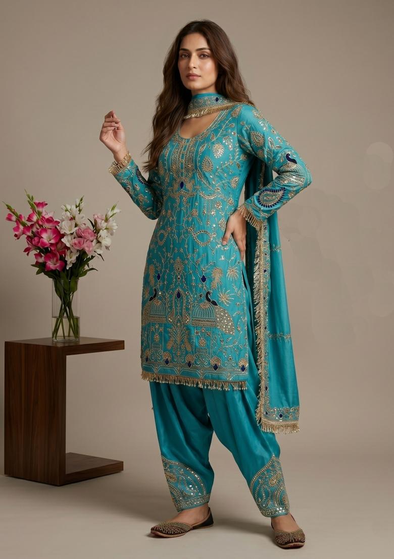Blue Sequin Work Crepe Kurta Set - Indya