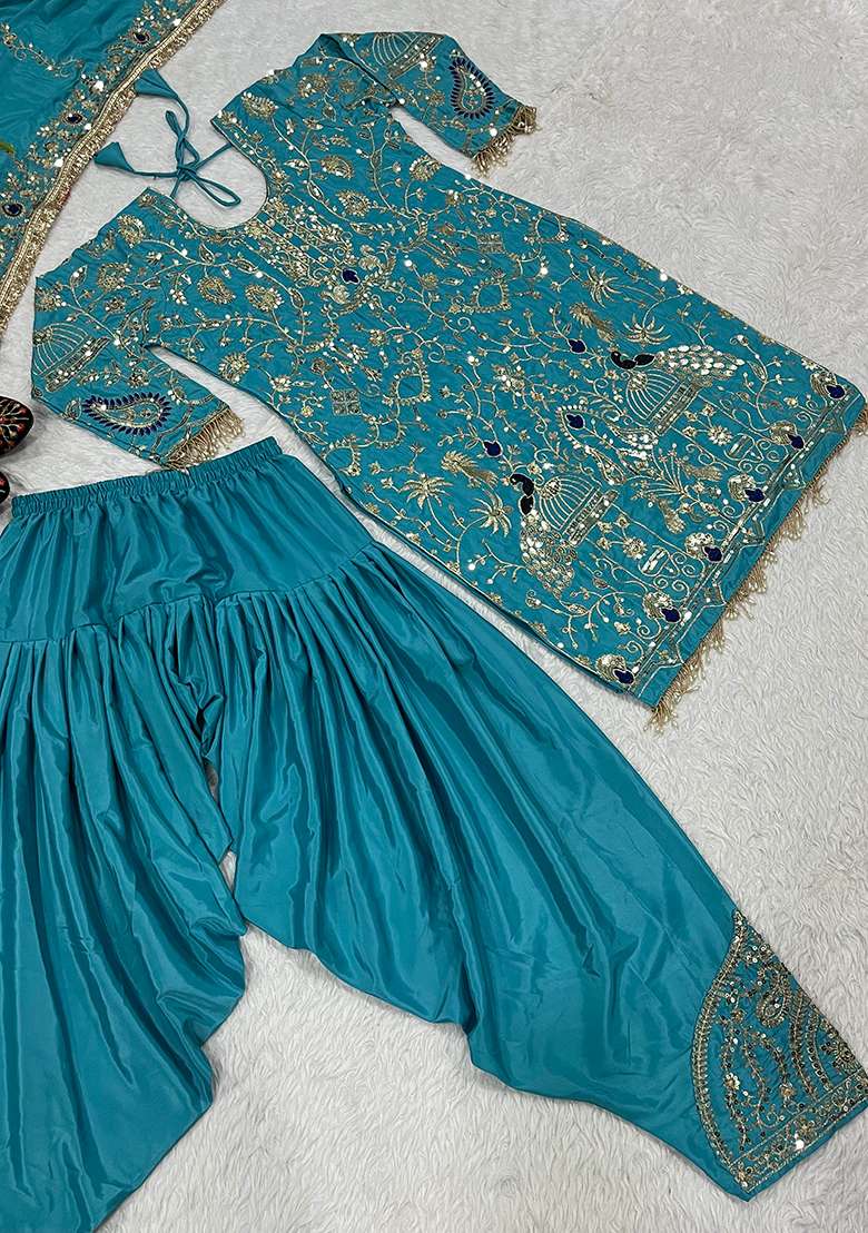 Blue Sequin Work Crepe Kurta Set - Indya