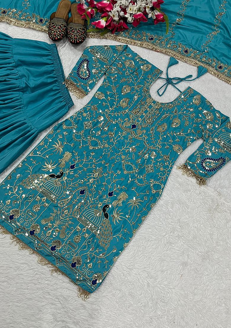 Blue Sequin Work Crepe Kurta Set - Indya