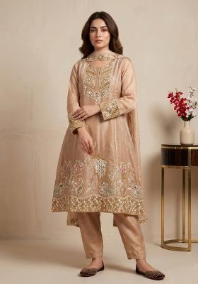 Beige Sequin Work Silk Kurta Set