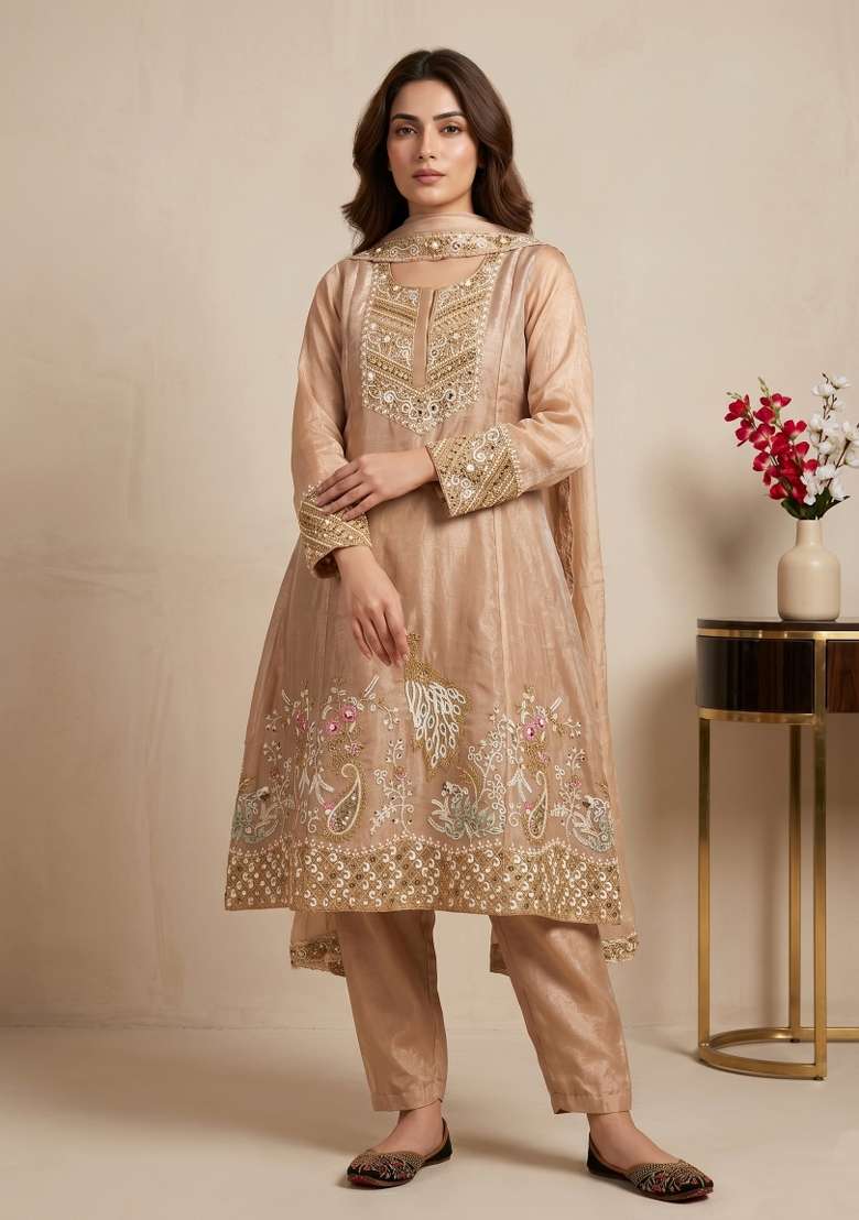 Beige Sequin Work Silk Kurta Set - Indya