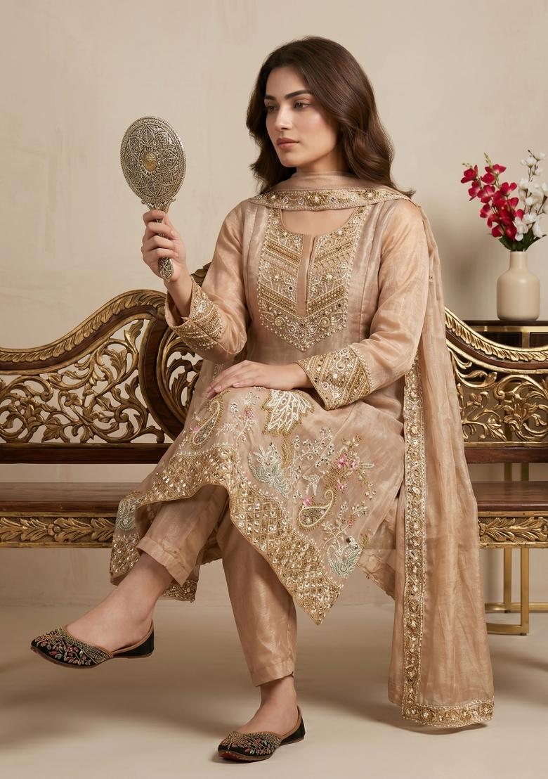 Beige Sequin Work Silk Kurta Set - Indya