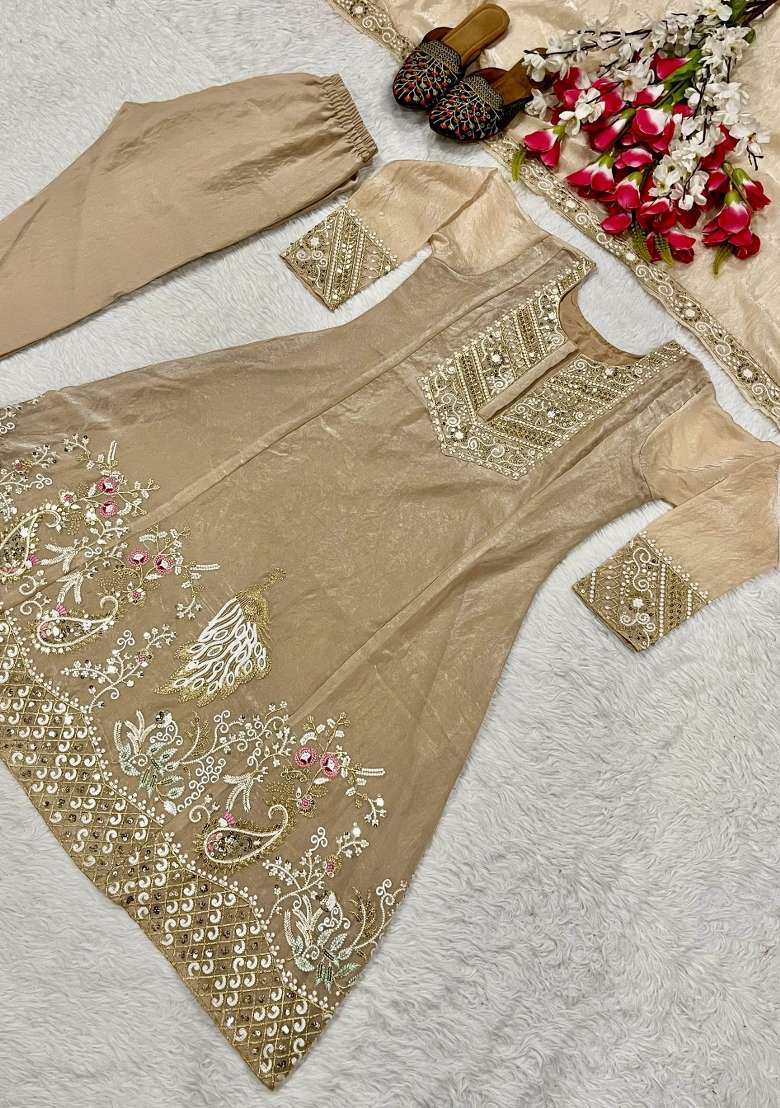 Beige Sequin Work Silk Kurta Set - Indya