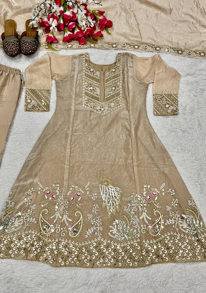 Beige Sequin Work Silk Kurta Set - Indya