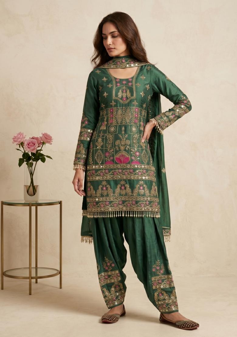 Green Sequin Work Silk Kurta Set - Indya