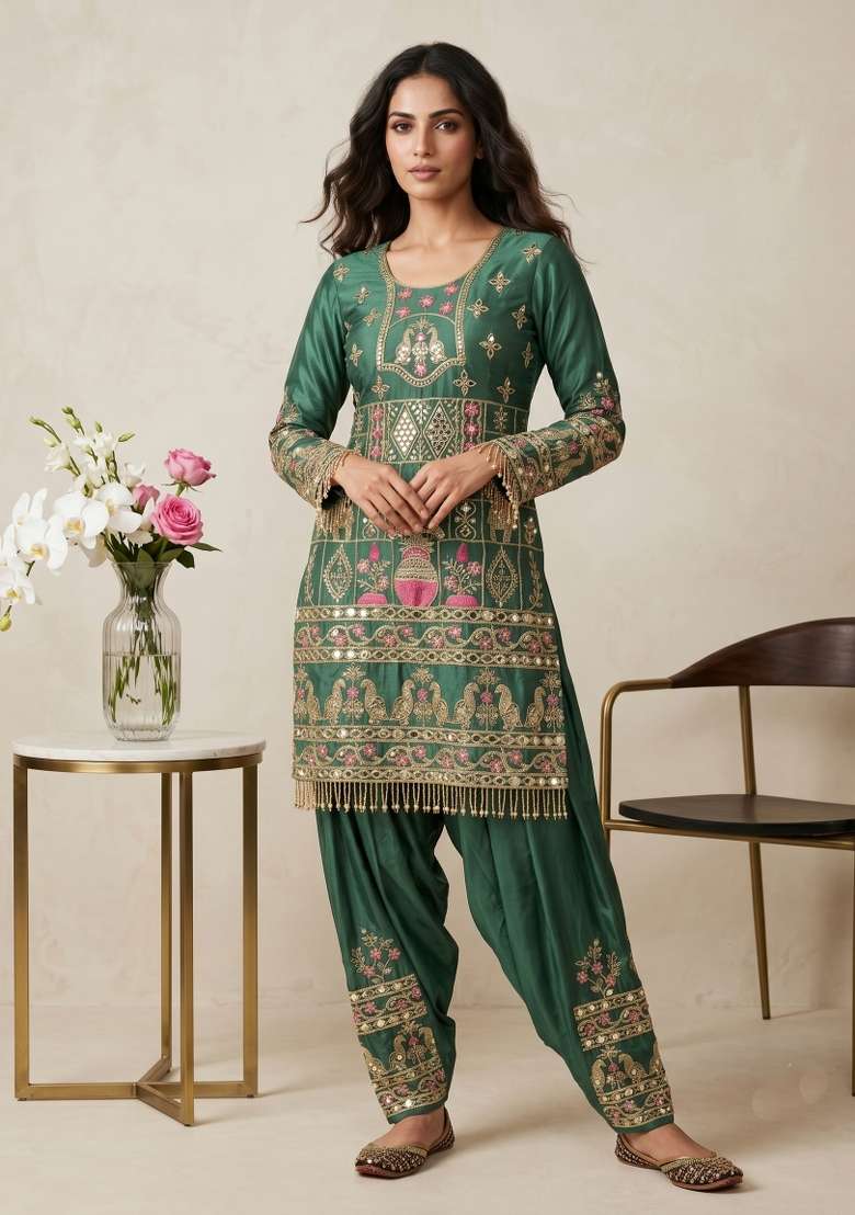 Green Sequin Work Silk Kurta Set - Indya