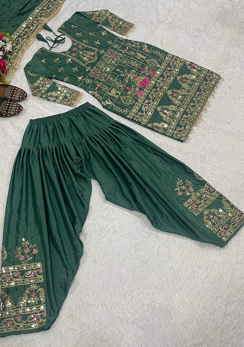 Green Sequin Work Silk Kurta Set - Indya