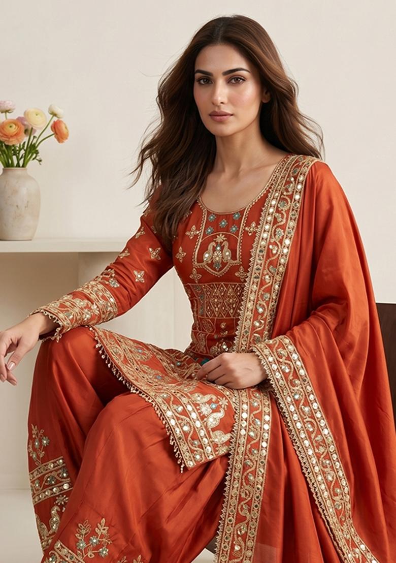 Orange Sequin Work Crepe Kurta Set - Indya