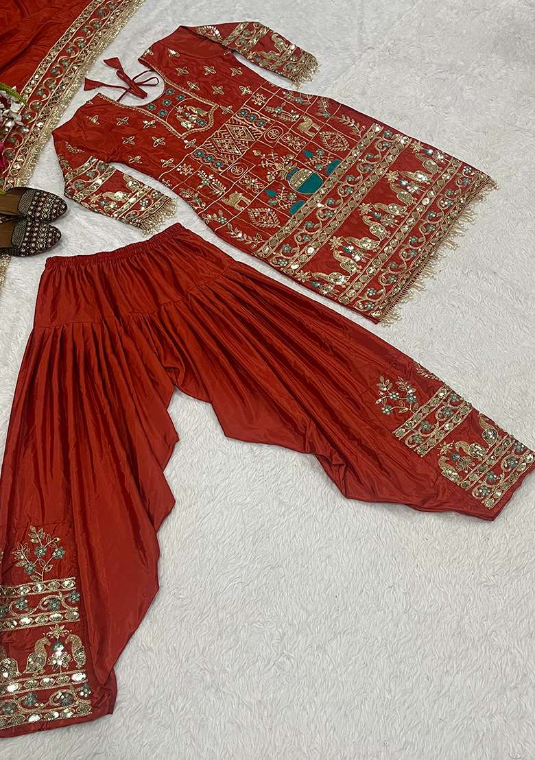 Orange Sequin Work Crepe Kurta Set - Indya