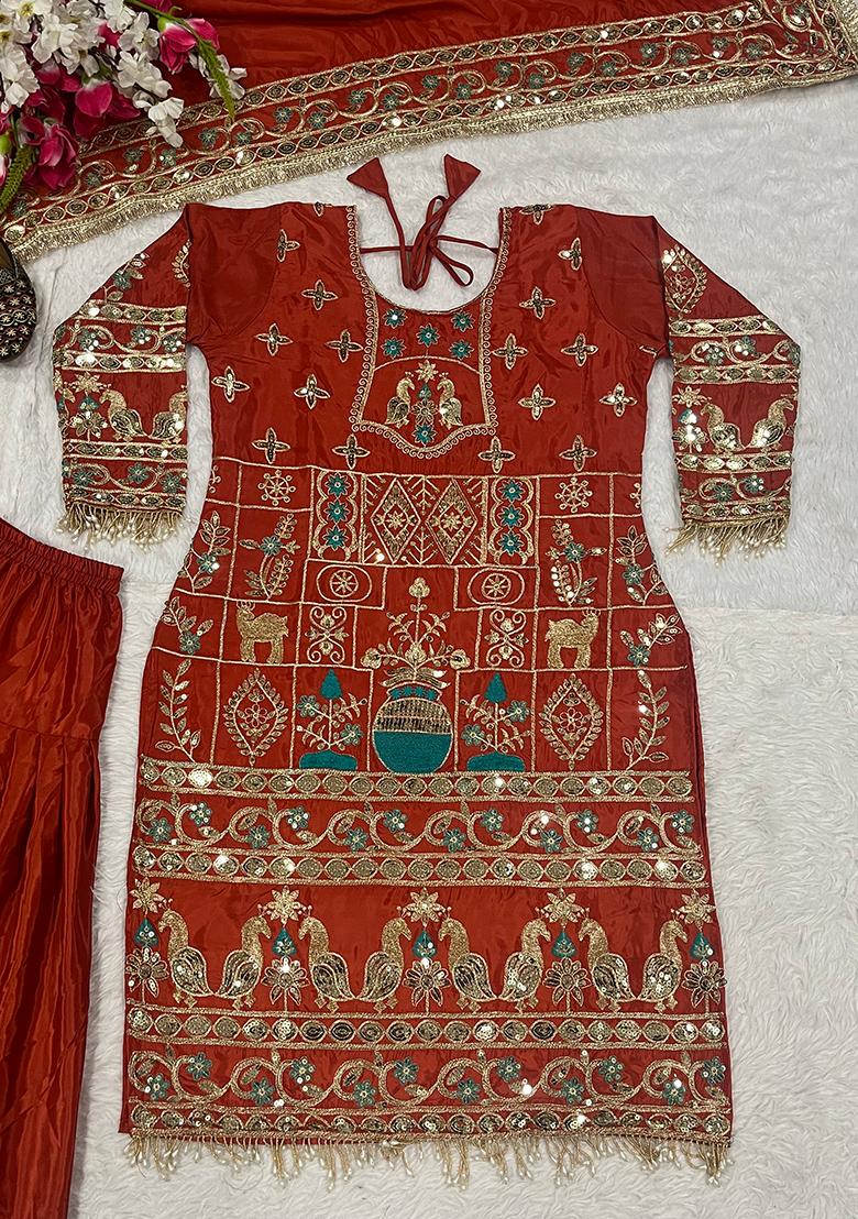 Orange Sequin Work Crepe Kurta Set - Indya