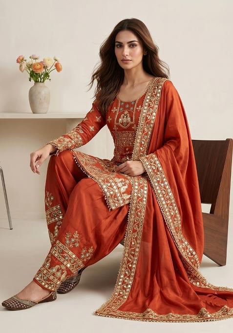 Orange Sequin Work Crepe Kurta Set