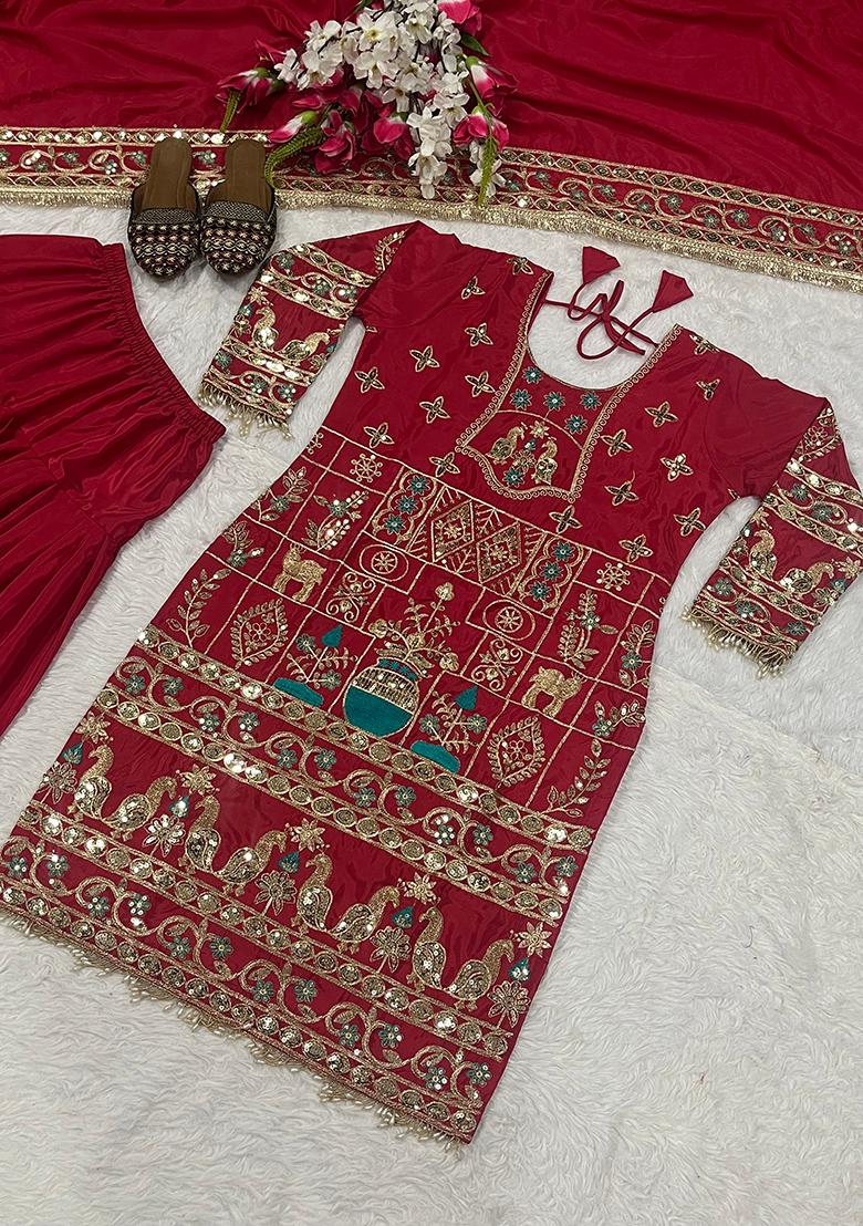 Red Sequin Work Crepe Kurta Set - Indya