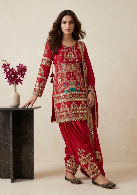 Red Sequin Work Crepe Kurta Set