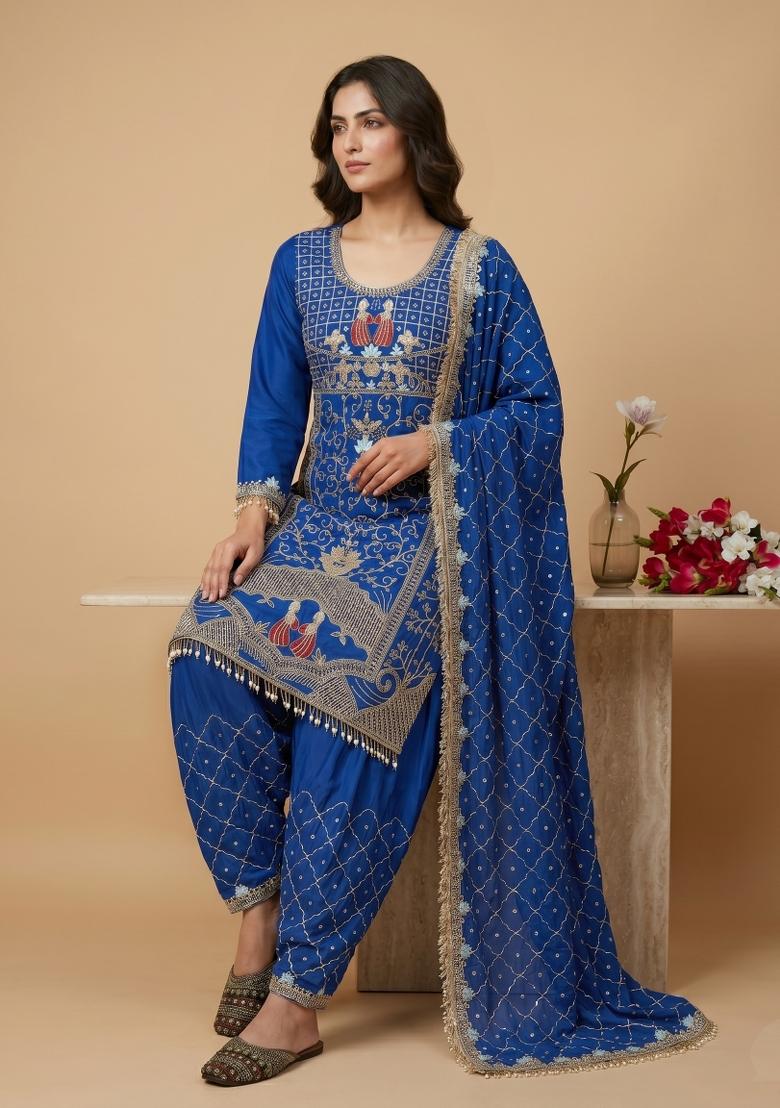 Royal Blue Sequin Work Crepe Kurta Set - Indya