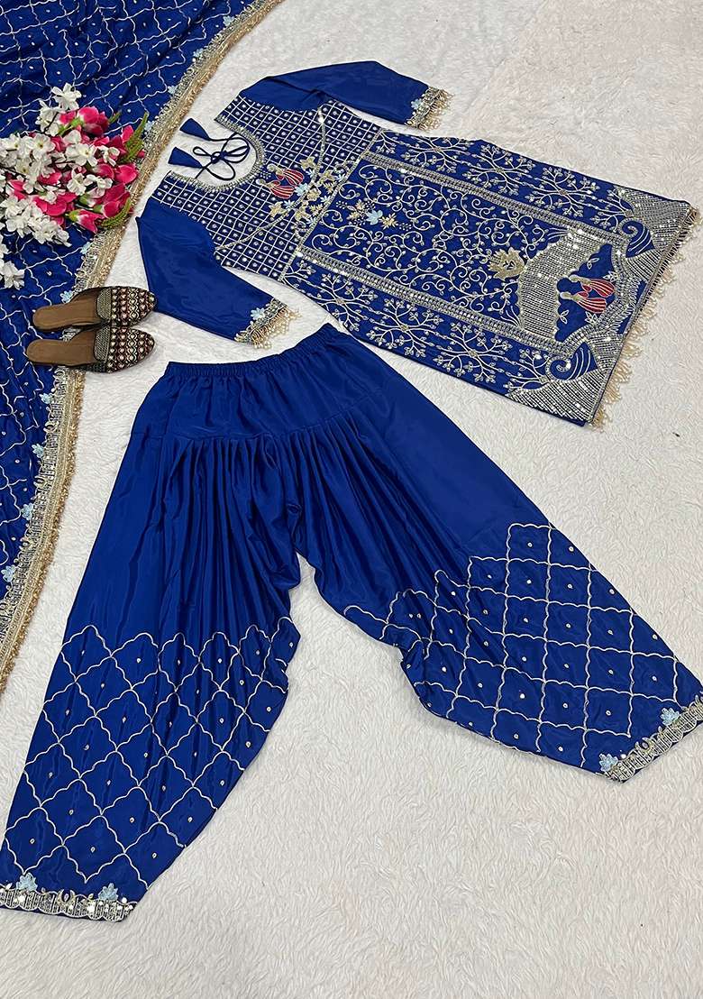 Royal Blue Sequin Work Crepe Kurta Set - Indya