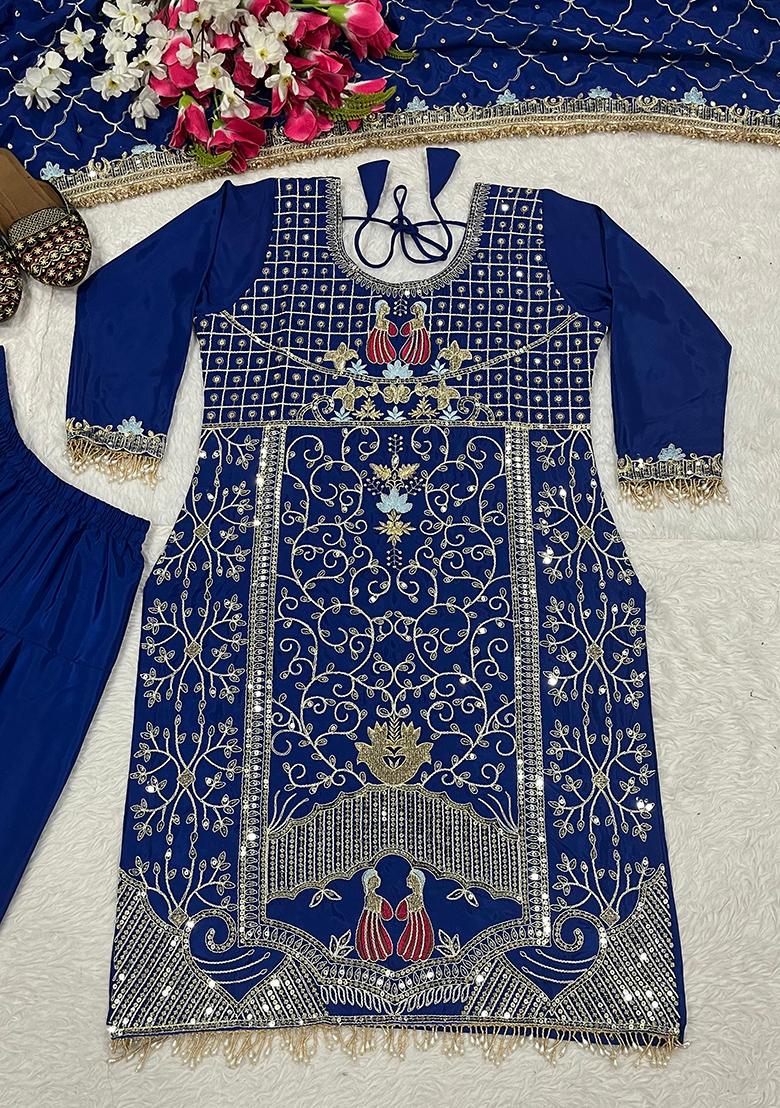Royal Blue Sequin Work Crepe Kurta Set - Indya