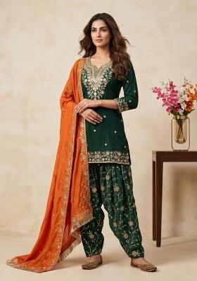 Green Sequin Work Silk Kurta Set