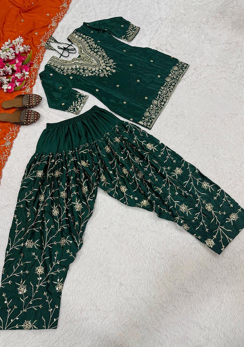 Green Sequin Work Silk Kurta Set - Indya