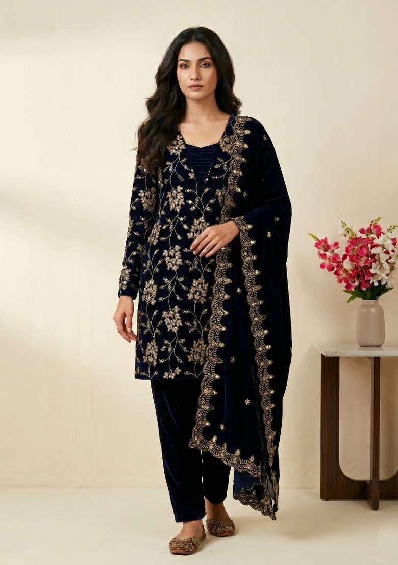 Black Sequin Work Velvet Kurta Set - Indya