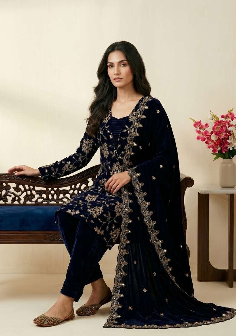 Black Sequin Work Velvet Kurta Set - Indya
