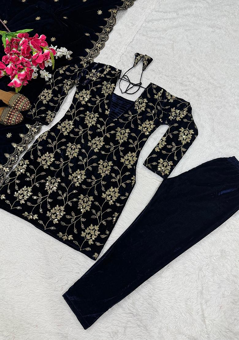 Black Sequin Work Velvet Kurta Set - Indya