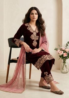 Dark Maroon Sequin Work Velvet Kurta Set