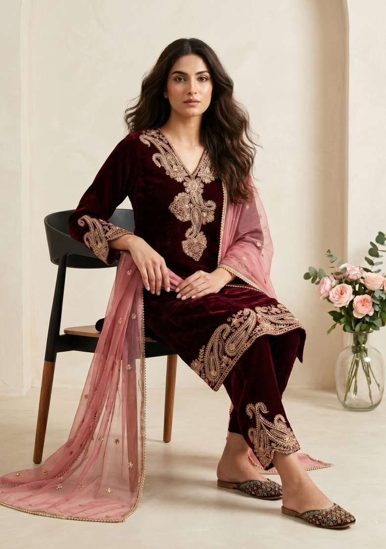 Dark Maroon Sequin Work Velvet Kurta Set - Indya