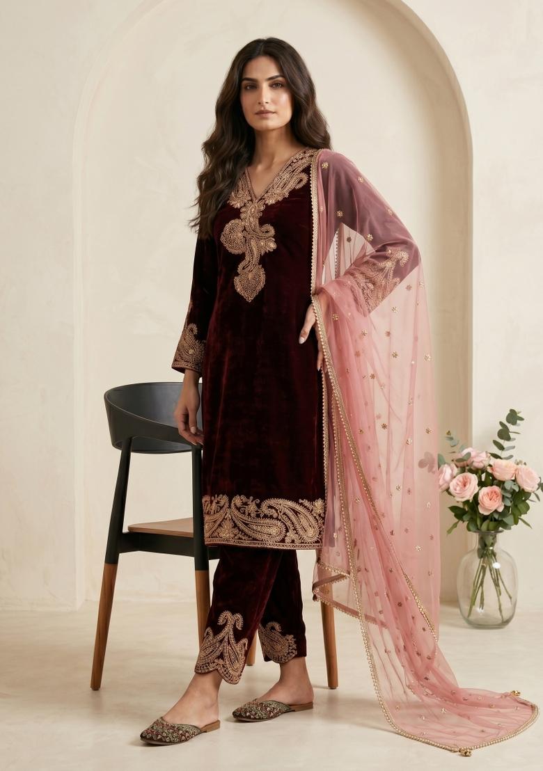 Dark Maroon Sequin Work Velvet Kurta Set - Indya