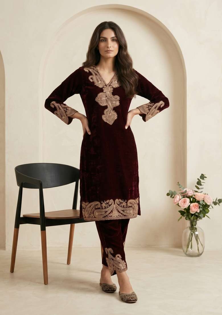 Dark Maroon Sequin Work Velvet Kurta Set - Indya