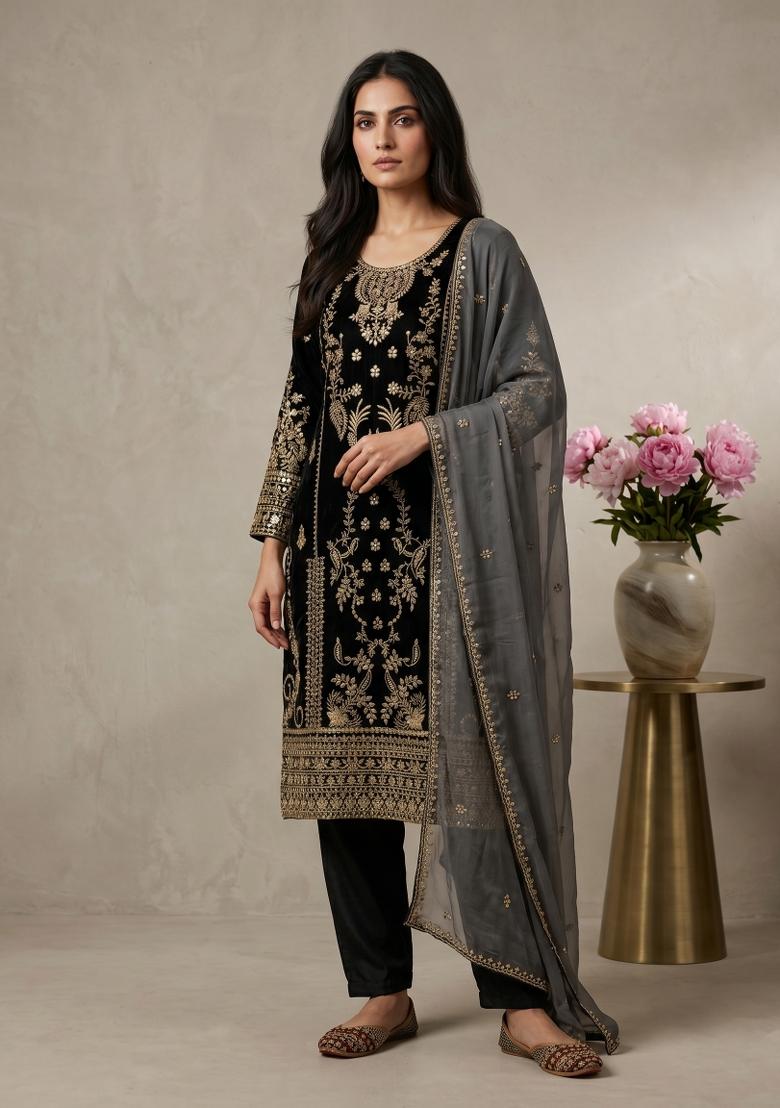 Black Sequin Work Silk Kurta Set - Indya
