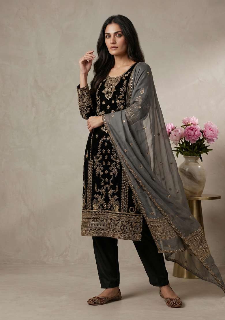Black Sequin Work Silk Kurta Set - Indya