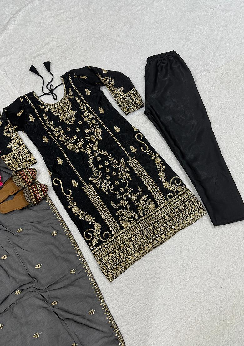 Black Sequin Work Silk Kurta Set - Indya