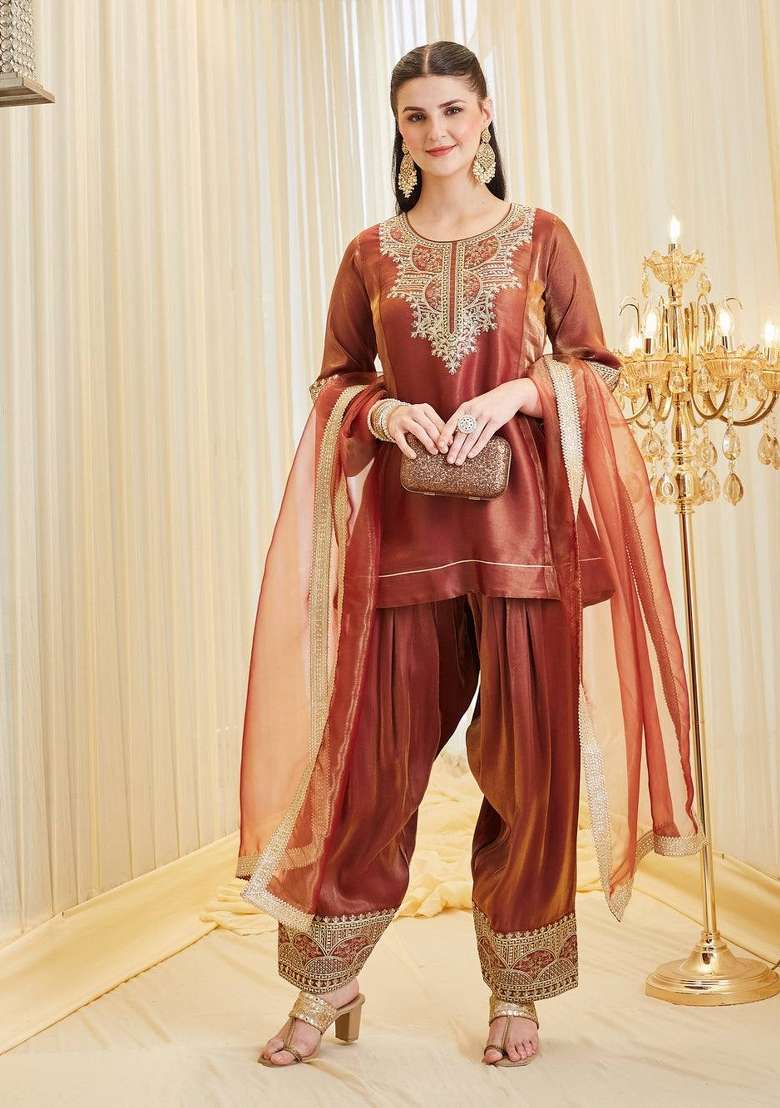 Rust Sequin Work Silk Kurta Set - Indya