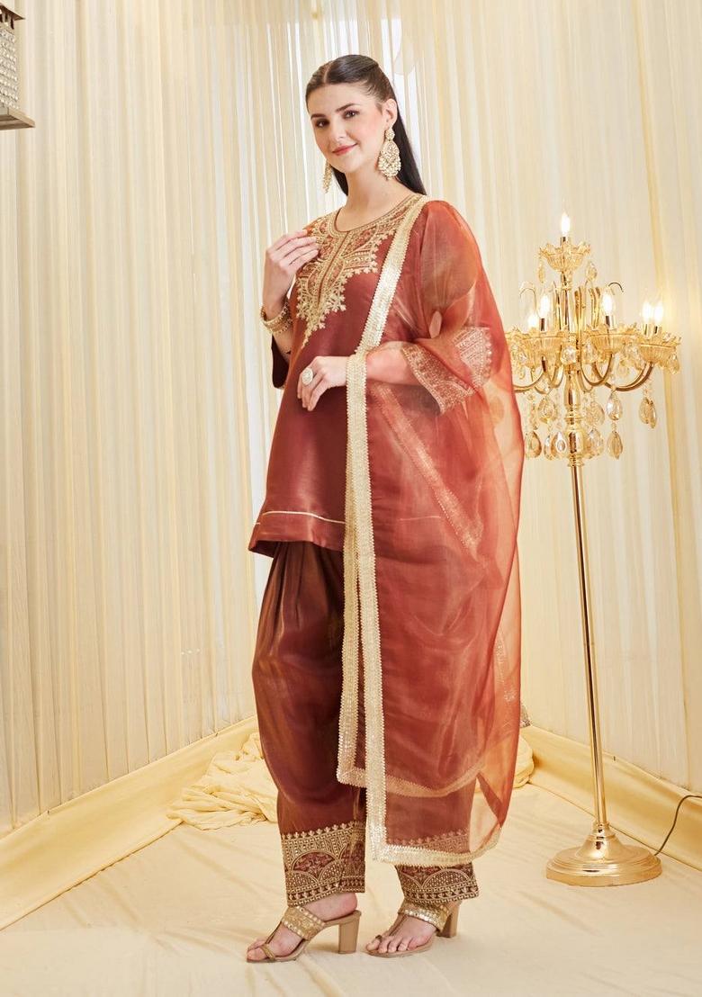 Rust Sequin Work Silk Kurta Set - Indya