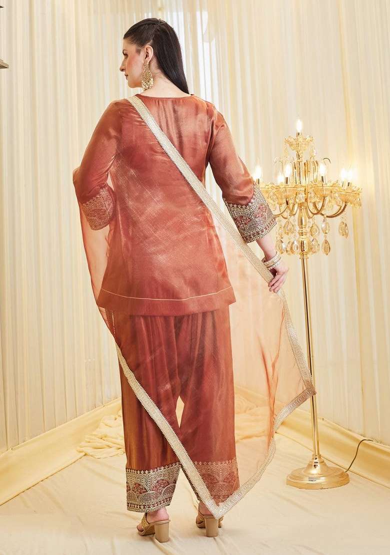 Rust Sequin Work Silk Kurta Set - Indya