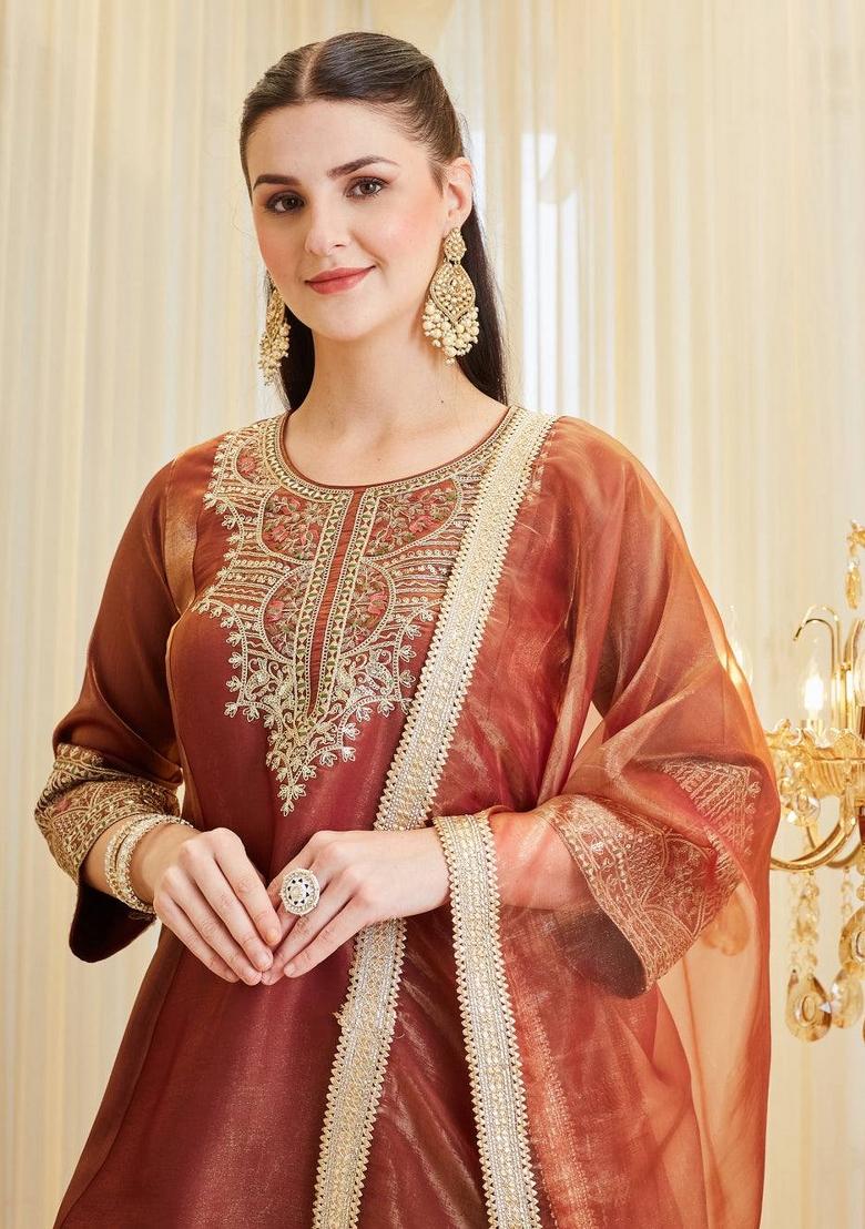 Rust Sequin Work Silk Kurta Set - Indya