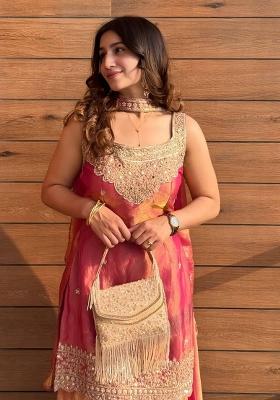 Peach Pink Sequin Work Silk Kurta Set
