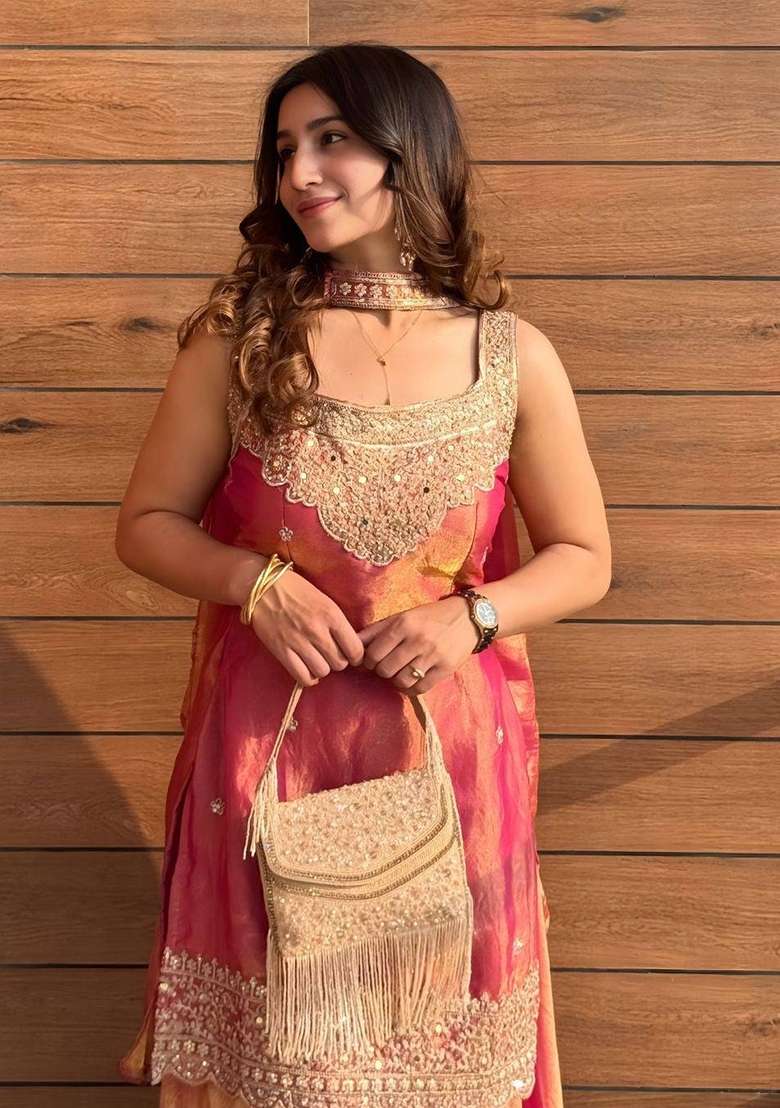 Peach Pink Sequin Work Silk Kurta Set - Indya