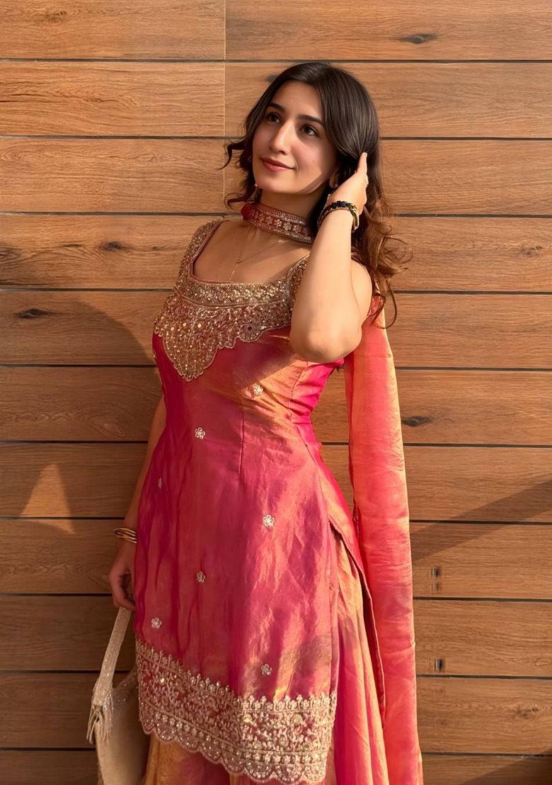 Peach Pink Sequin Work Silk Kurta Set - Indya
