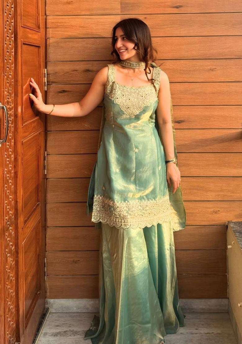 Sea Green Sequin Work Silk Kurta Set - Indya