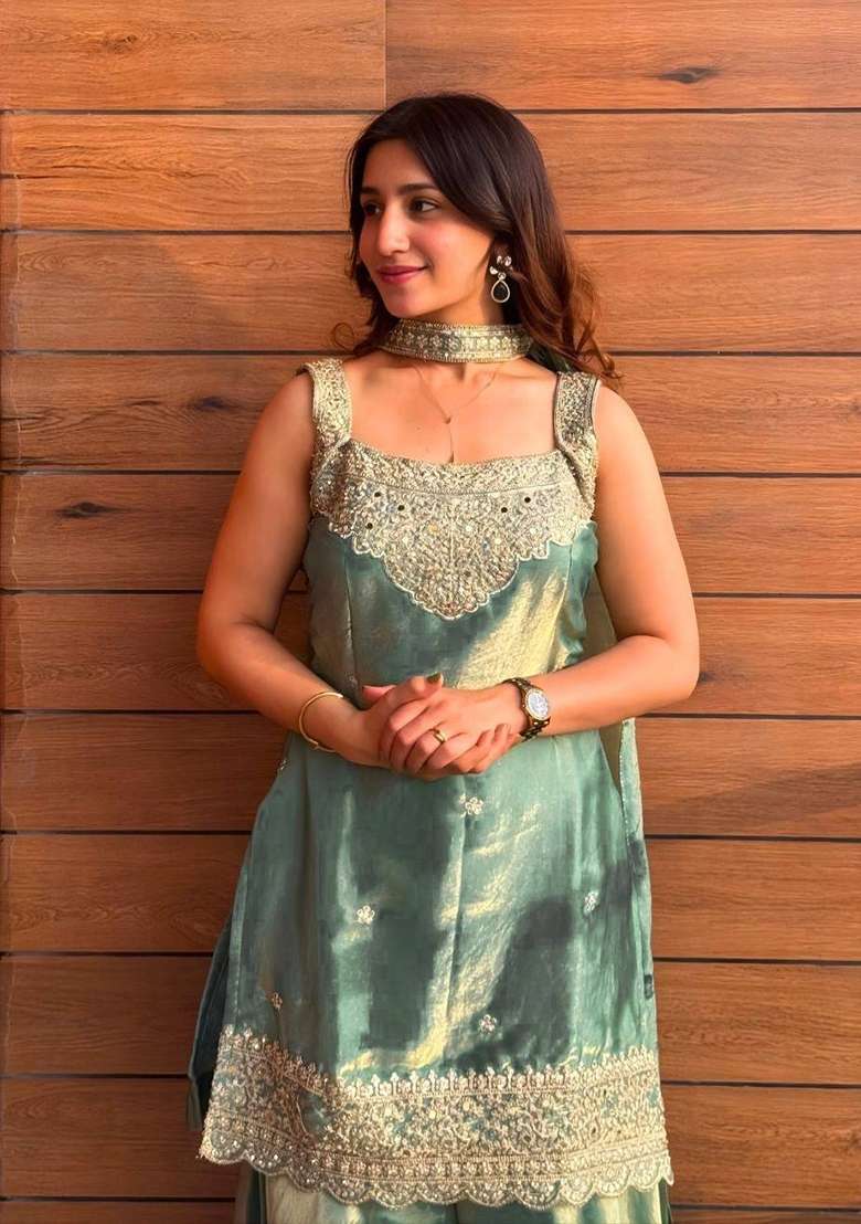 Sea Green Sequin Work Silk Kurta Set - Indya