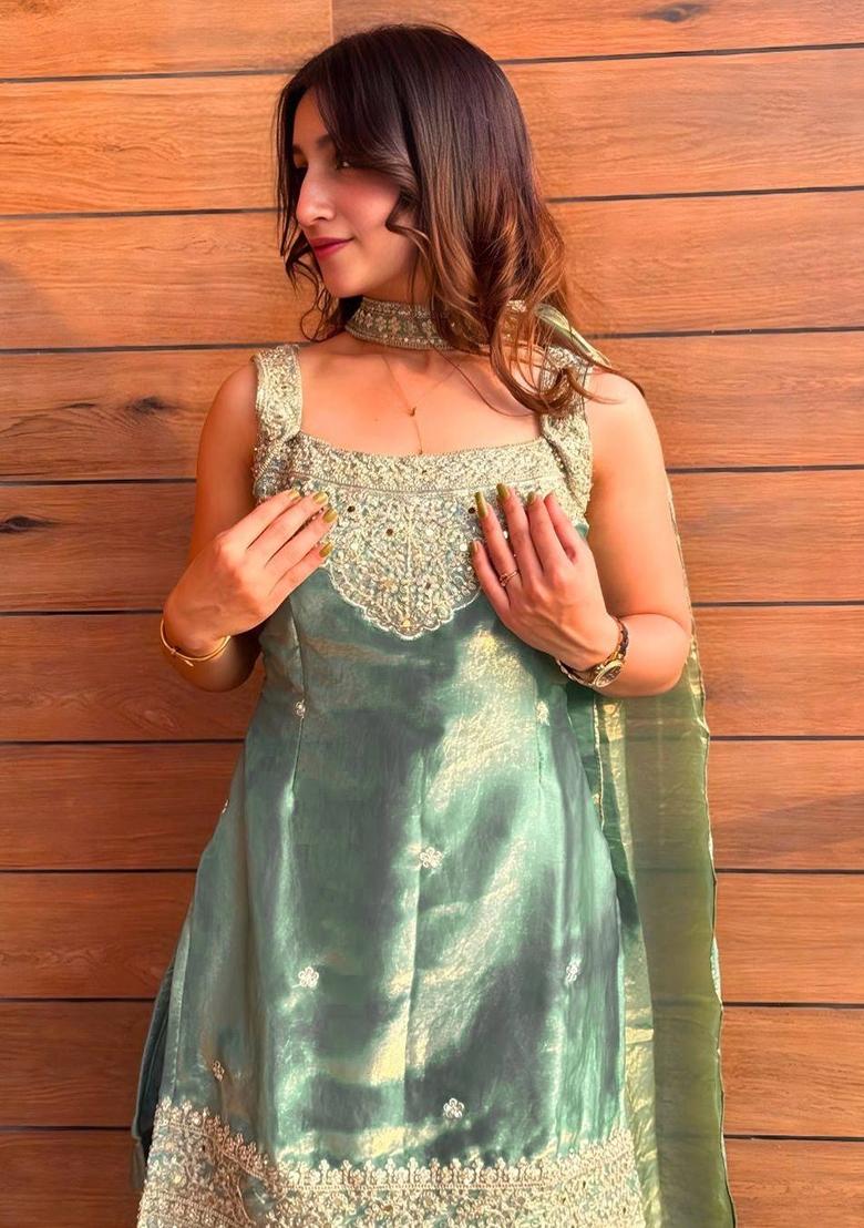 Sea Green Sequin Work Silk Kurta Set - Indya