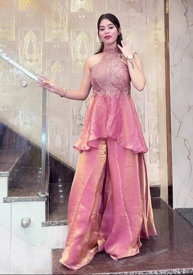 Pink Moti Work Silk Kurta Set - Indya