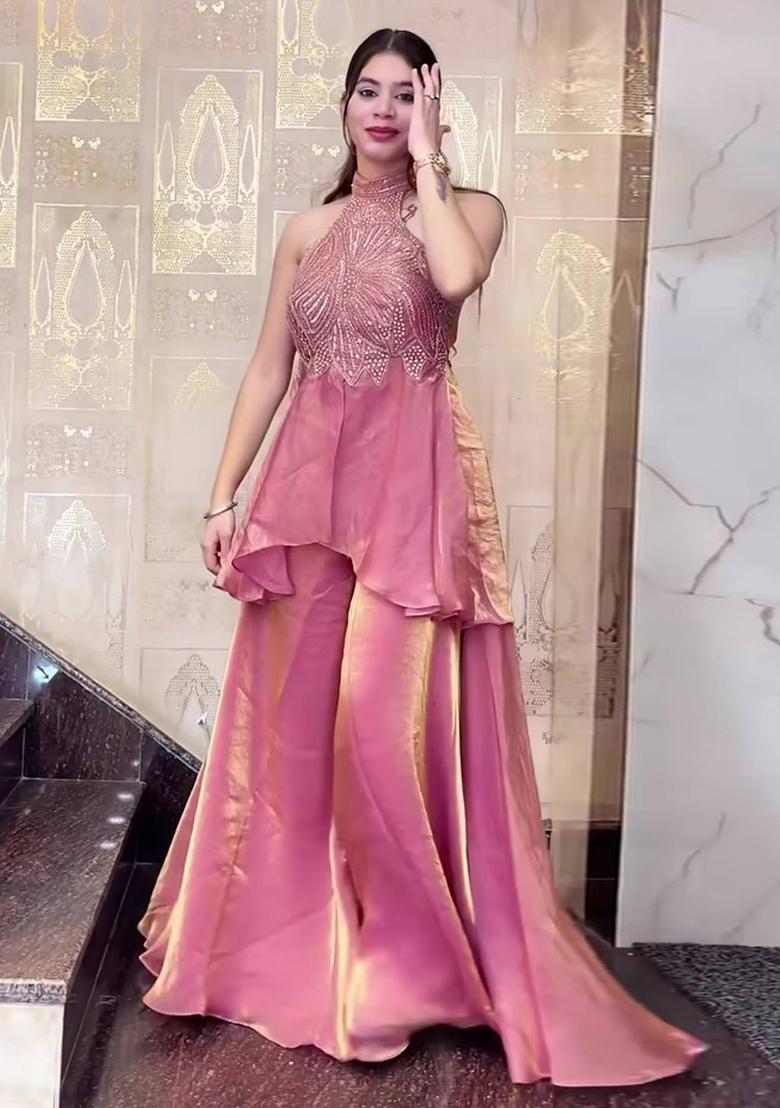Pink Moti Work Silk Kurta Set - Indya