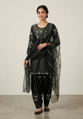 Black Sequin Work Satin Kurta Set