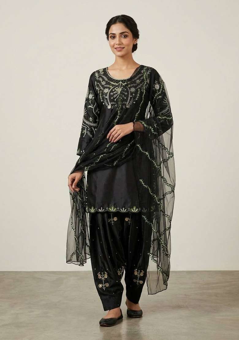 Black Sequin Work Satin Kurta Set - Indya