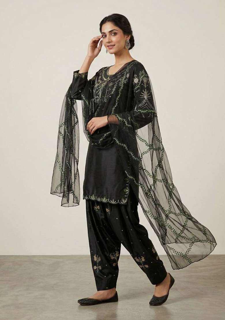 Black Sequin Work Satin Kurta Set - Indya