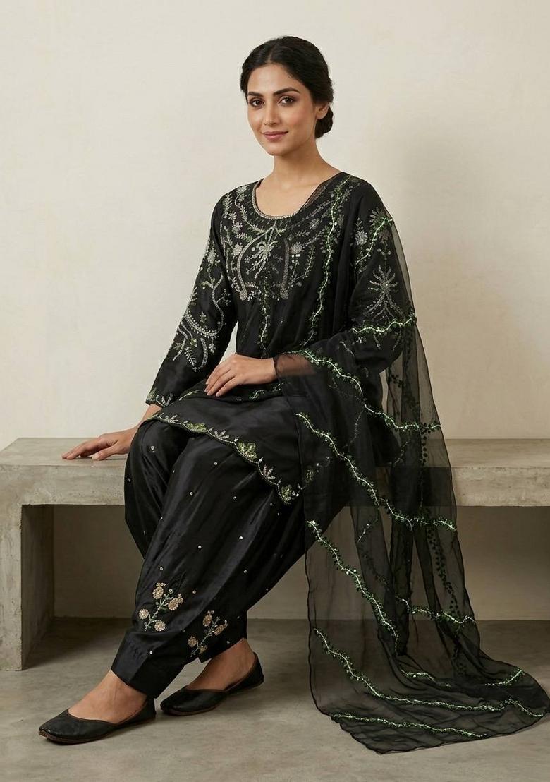 Black Sequin Work Satin Kurta Set - Indya