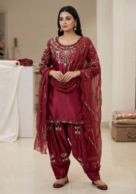 Maroon Sequin Work Satin Kurta Set