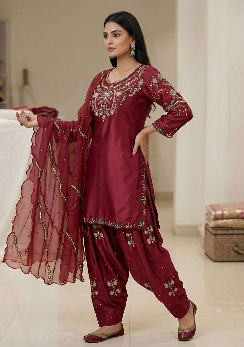 Maroon Sequin Work Satin Kurta Set - Indya